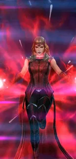 Fantasy hero with red energy and vibrant design on mobile wallpaper.