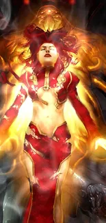 Fantasy hero in red glowing energy on mobile wallpaper.