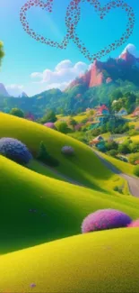 Vibrant fantasy hills with colorful landscape and heart shapes.