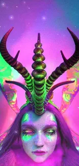 Vibrant fantasy wallpaper with neon-hued horns and ethereal colors.