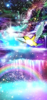 Fantasy waterfall with hummingbird and rainbow glowing with vibrant colors.