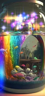 Colorful fantasy jar art with fish, rainbow, and house scene.