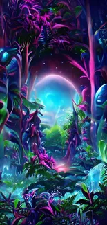 Vibrant fantasy jungle wallpaper with neon colors and lush foliage.