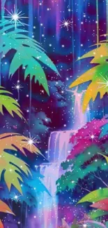 Vibrant jungle waterfall with colorful leaves and stars on mobile wallpaper.