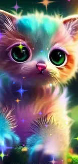 A colorful fantasy kitten with vibrant, dreamy colors and large eyes in digital art style.