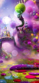 Colorful fantasy land with castles and whimsical landscapes.