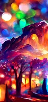 A colorful fantasy mountain landscape wallpaper for mobile devices.