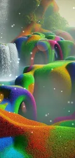 Colorful fantasy landscape with waterfall and vibrant rocks.