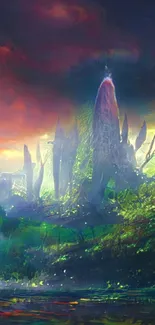 Vibrant fantasy landscape with glowing colors and mystical elements.