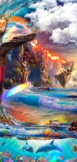 Fantasy wallpaper with lion, ocean waves, and vibrant colors.