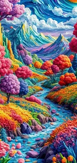 Colorful fantasy landscape with trees and river.
