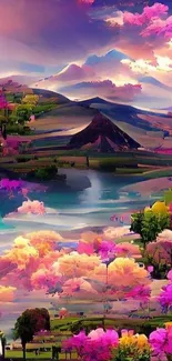 Vibrant fantasy landscape with pink and violet hues, mountains, and dreamy clouds.