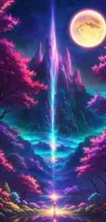 Vibrant neon fantasy mountain and sky wallpaper.