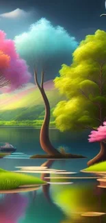 A vibrant fantasy landscape with colorful trees and a serene lake.