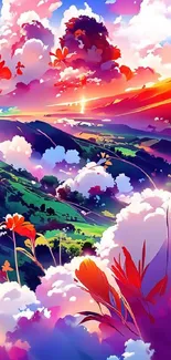 Colorful fantasy landscape with sunset and clouds.