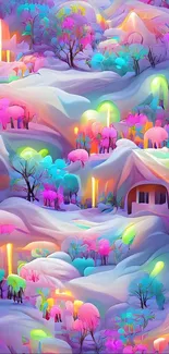 Neon fantasy landscape with colorful trees and mystical structures.