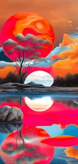 Fantasy landscape with glowing sunset and mirrored reflection on water.