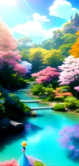 Vibrant fantasy landscape with colorful trees and a serene, bright blue river.