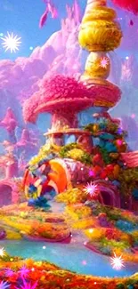 Vibrant fantasy landscape with colorful trees and whimsical structures.