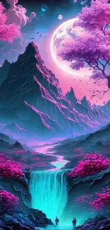 Fantasy landscape wallpaper with mountains, waterfalls, and neon colors.