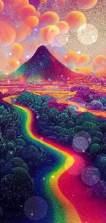 Fantasy landscape with rainbow path and surreal sky.