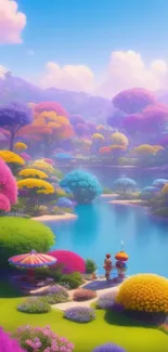 Colorful fantasy landscape with vibrant trees and a serene lake.