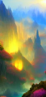 Vibrant fantasy landscape with glowing mountains and pink blossoms.