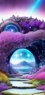 Fantasy landscape with purple foliage and mystical portal.