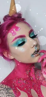 Fantasy-inspired makeup art with pink and blue tones in vibrant mobile wallpaper.