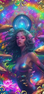 Vibrant fantasy mermaid with colorful fish in a surreal ocean setting.