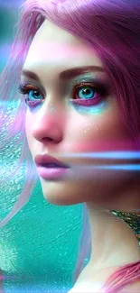 Vibrant fantasy mermaid art with teal and pink hues.