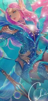 Vibrant fantasy mermaid in a sparkling underwater scene.