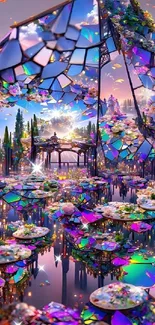 Vibrant fantasy landscape with colorful mosaic mirrors.