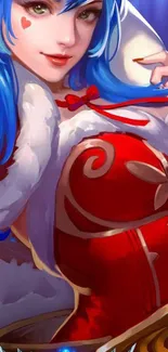 Fantasy character with red outfit and blue hair on mobile wallpaper.