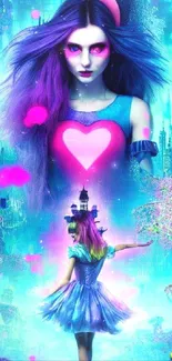 Fantasy character in neon vibrant colors with heart design on mobile wallpaper.