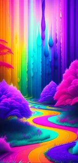 A vivid, psychedelic fantasy forest with colorful winding path.