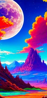 Vivid fantasy landscape with moon and colorful mountains.