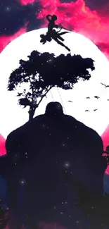 Silhouette of adventurer swinging against a vibrant moonlit sky.