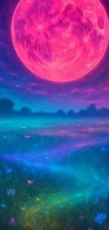 Vibrant fantasy landscape with pink moon and colorful night sky.