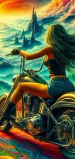 Woman on motorcycle amidst vibrant fantasy landscape.