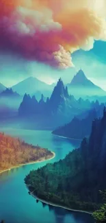 Fantasy mountain landscape with colorful sky and serene river, perfect for mobile wallpaper.