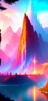 Colorful fantasy mountain landscape with vibrant hues.