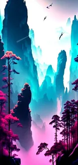 Vibrant fantasy mountain landscape wallpaper in teal and pink hues.