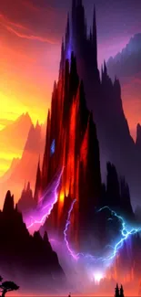 Epic fantasy mountain landscape with vibrant colors and dramatic lighting.