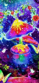 Vibrant mushroom fantasy art with glowing butterflies and flowers