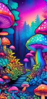 Vibrant fantasy forest with colorful mushrooms.