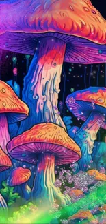 Vibrant mushrooms glowing under a starry, colorful sky.