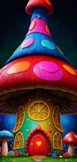 Colorful and whimsical mushroom house fantasy wallpaper.