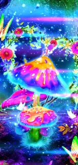 Whimsical wallpaper with glowing mushrooms and vibrant colors.