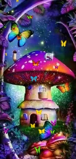 Vibrant fantasy mushroom house with butterflies and vivid colors wallpaper.